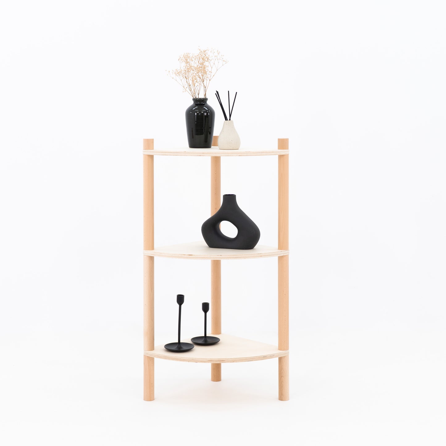 Triangular corner shelf for retail booths – natural wood