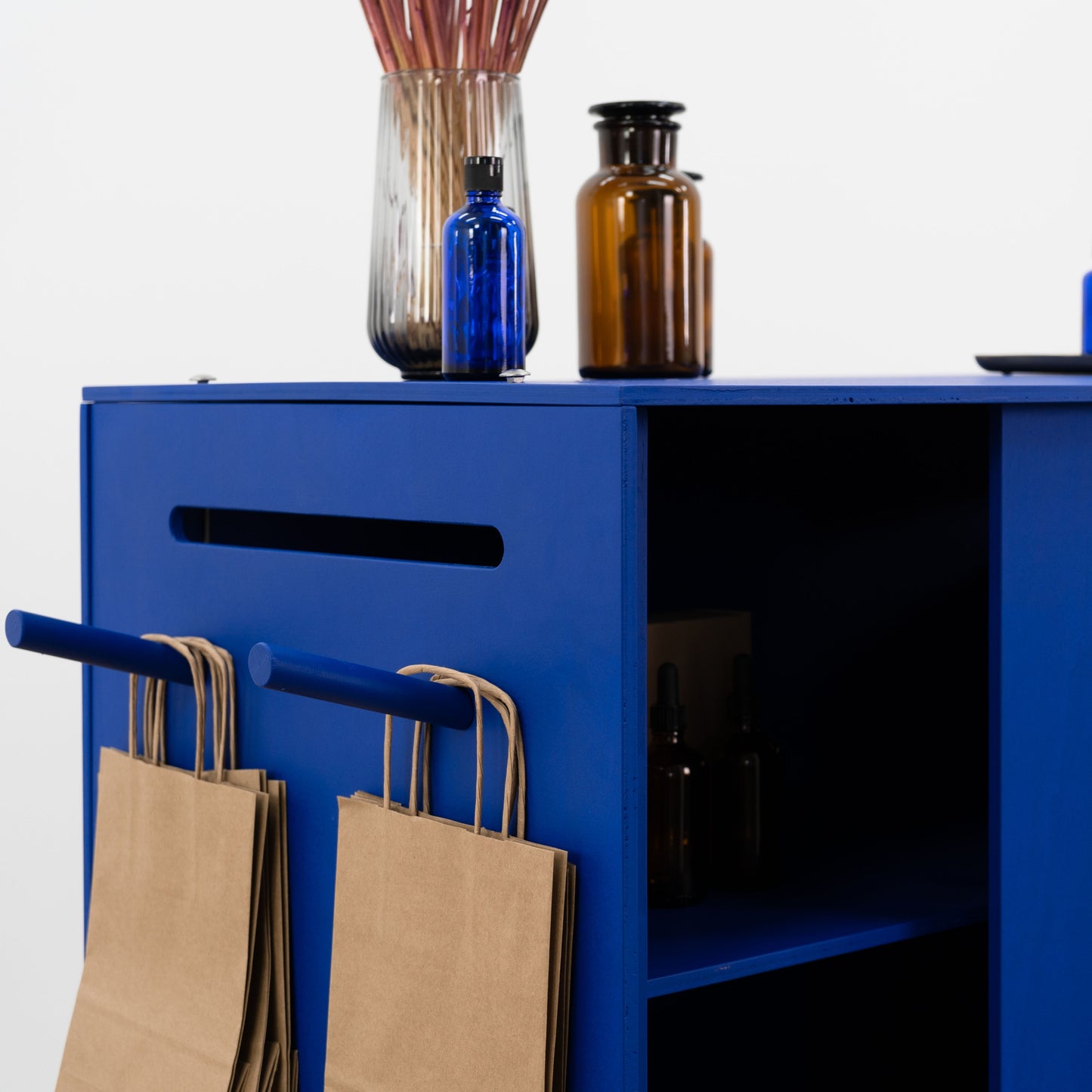 Close-up of branded front panel on customizable retail counter