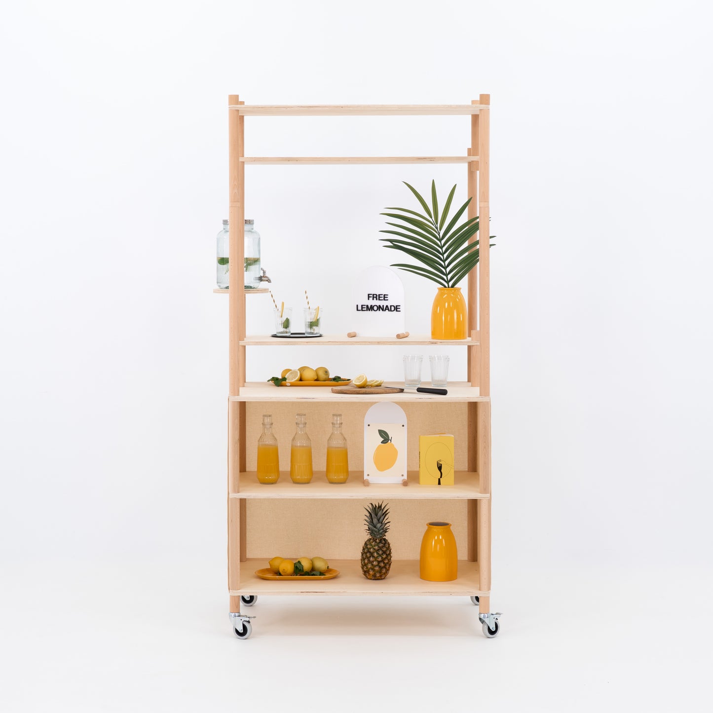 Mobile wooden booth cart with wheels and upper frame