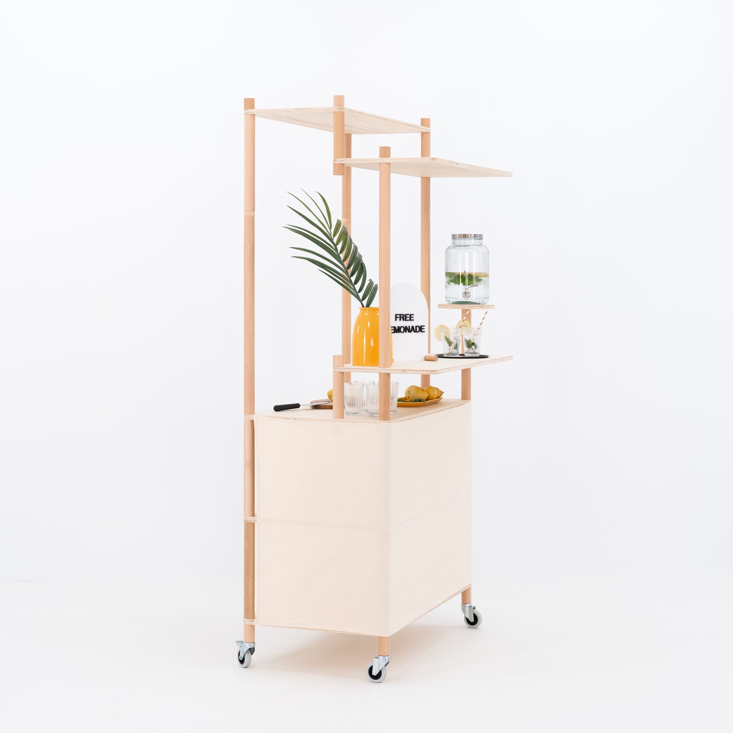 Reusable wooden vendor cart with customizable display area