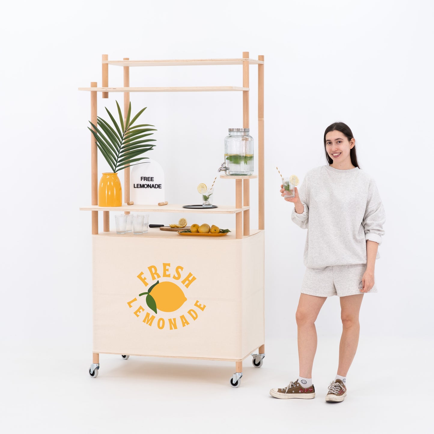 Natural wood promotional cart with open shelving