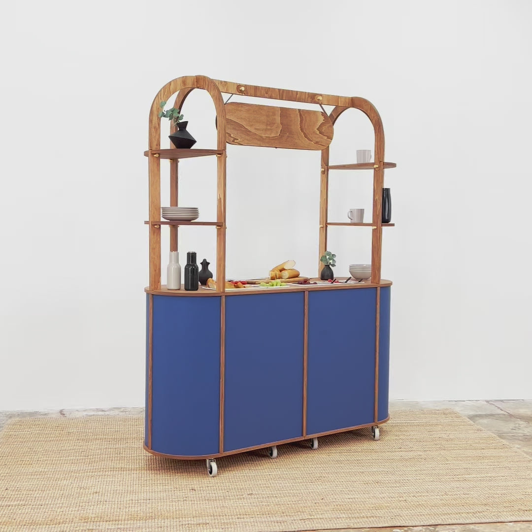 Video showcasing the VC-29-W-A Charcuterie Cart in blue and wood, highlighting its design and functionality for events, catering, and trade shows