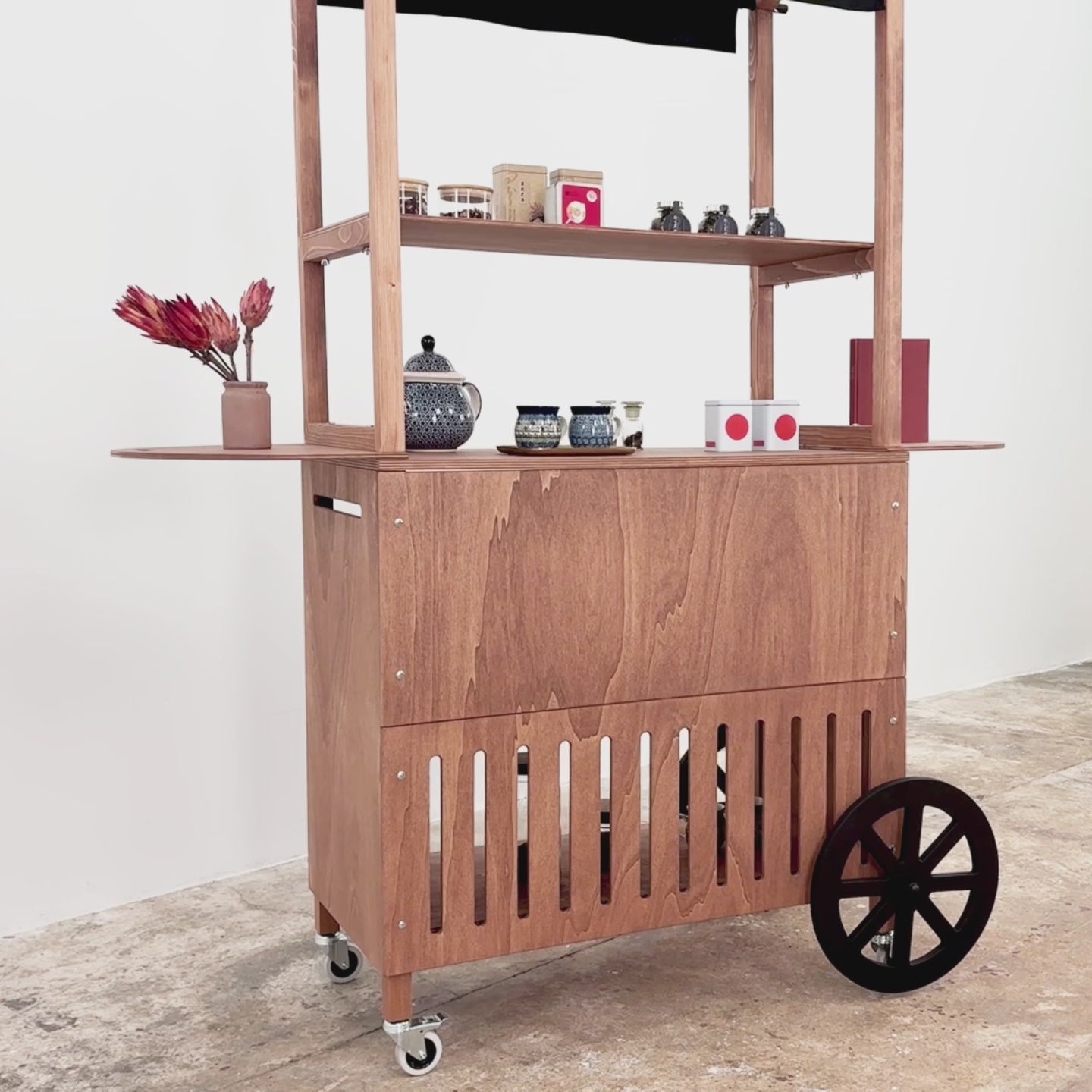 VC-11-W display cart in coffee color, featuring a sleek design with wooden shelves and customizable branding options.