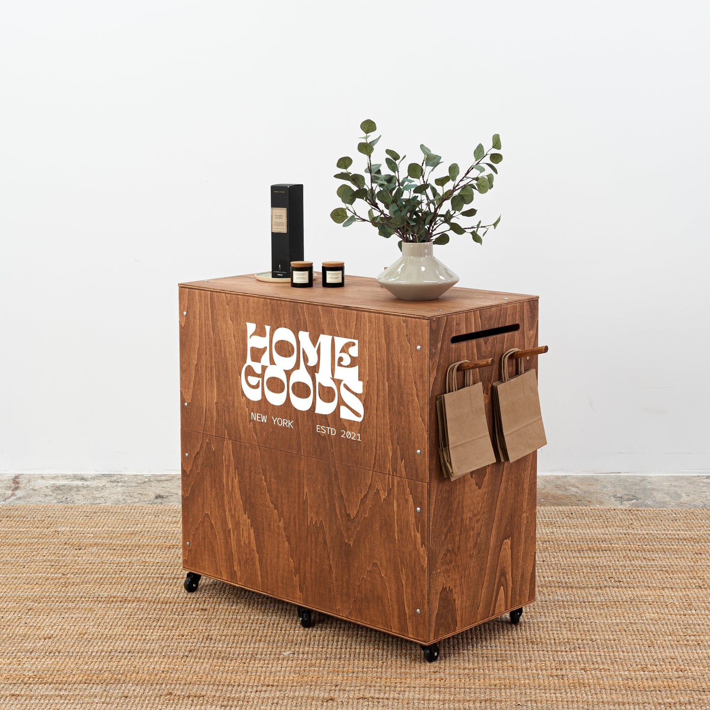 Sturdy retail display counter with wheels for mobility at events and shops.