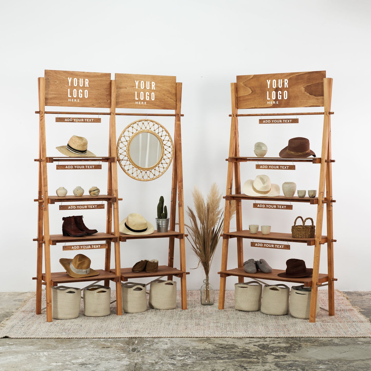 coffee wood double shelving unit with customizable top panels