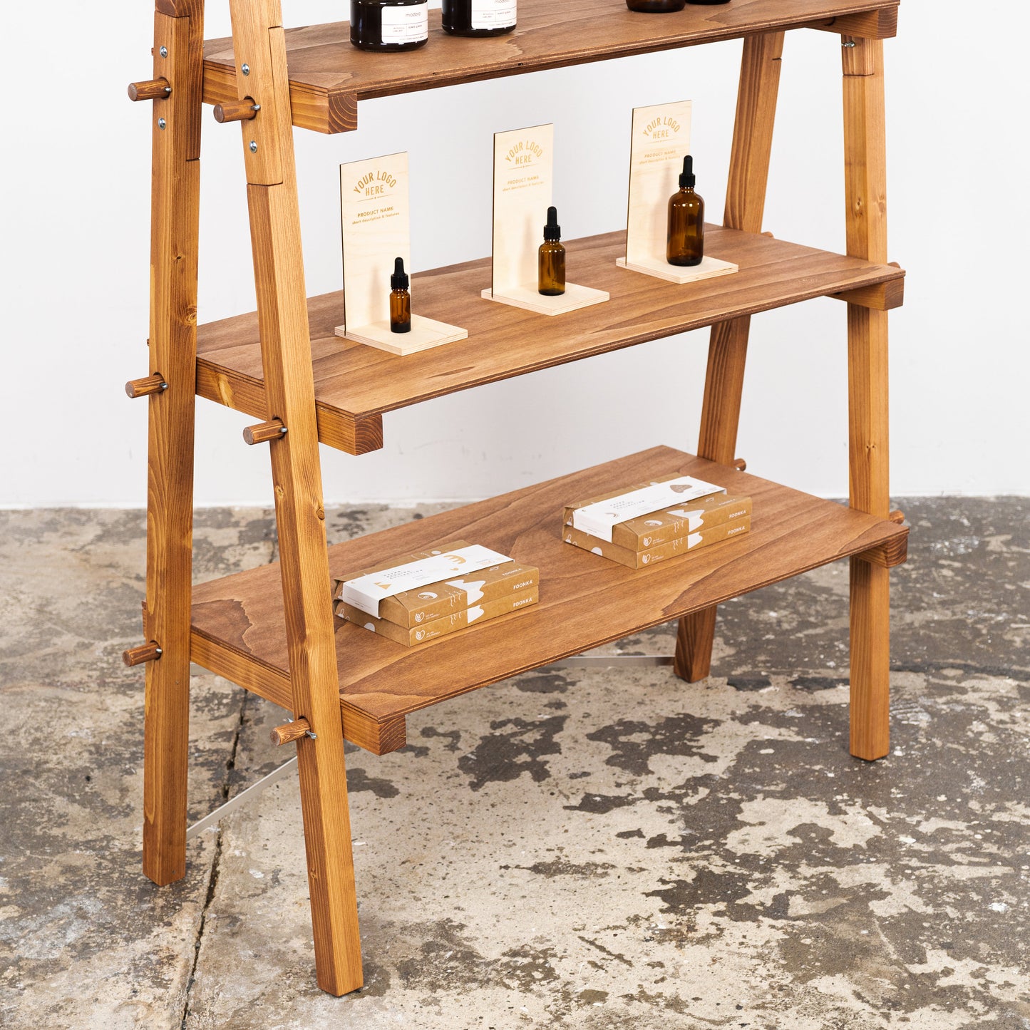 premium wooden stand with logo engraving for boutique displays