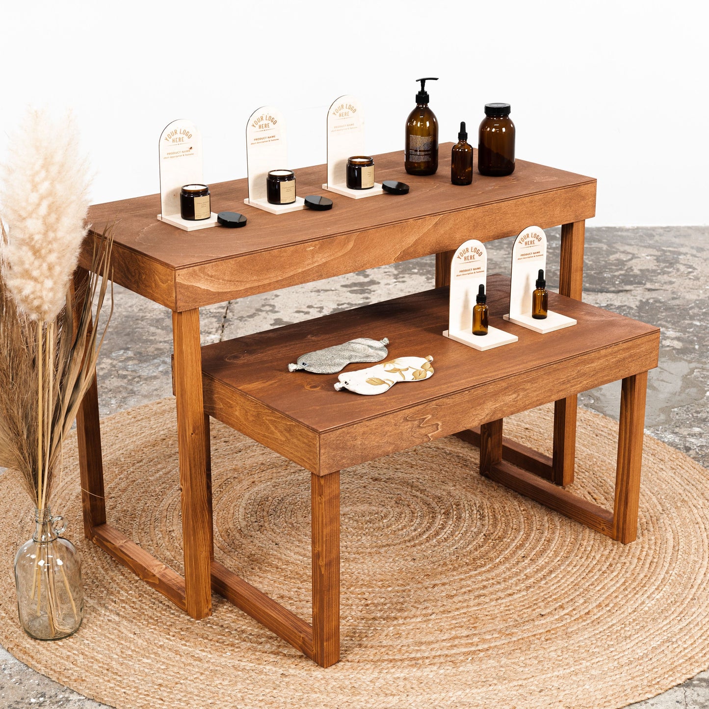 laser-engraved display stand for candles and skincare products