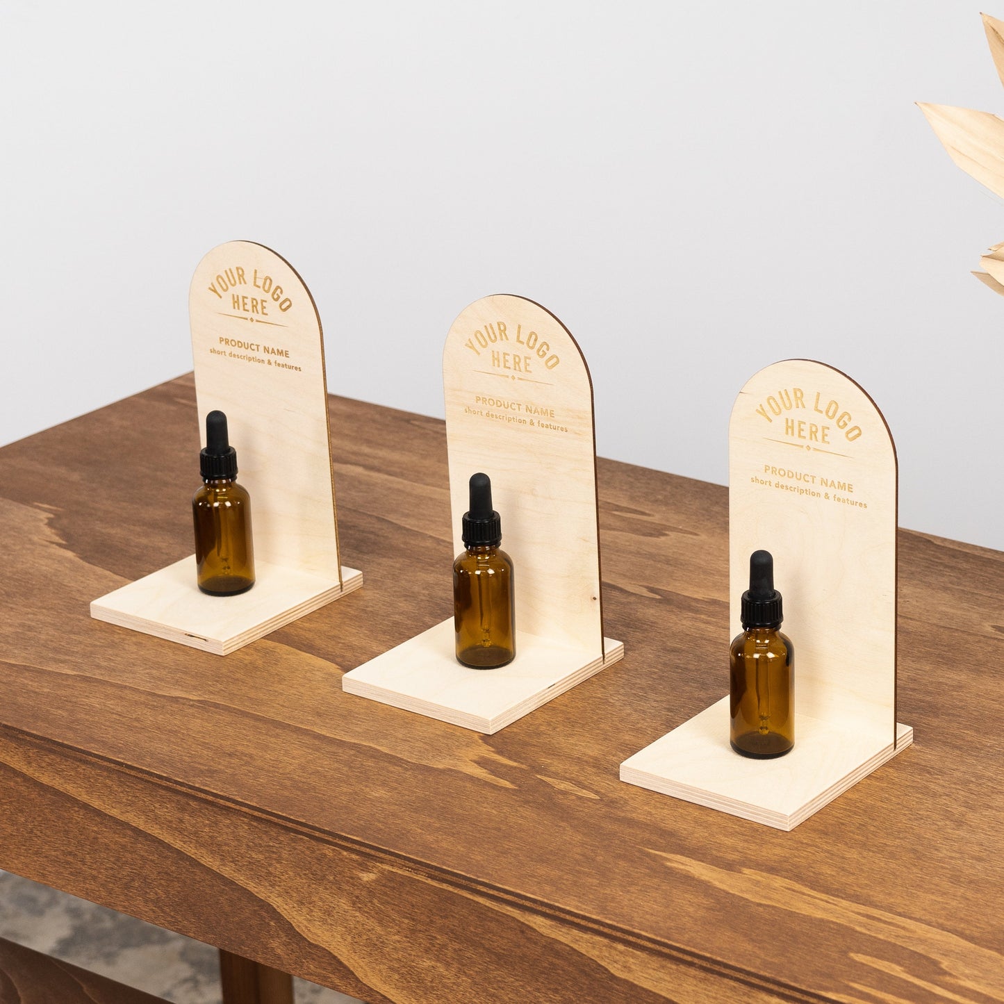 eco-friendly plywood display stand with product details engraving