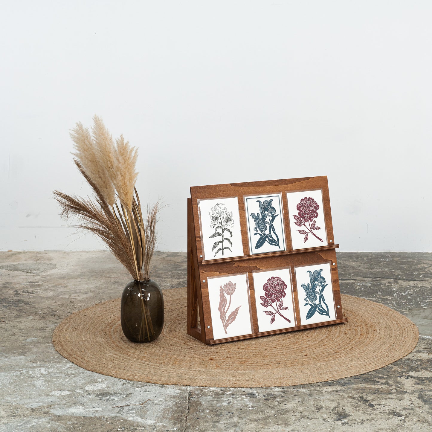 Wooden display stand for notebooks, books, planners, cards in coffee color
