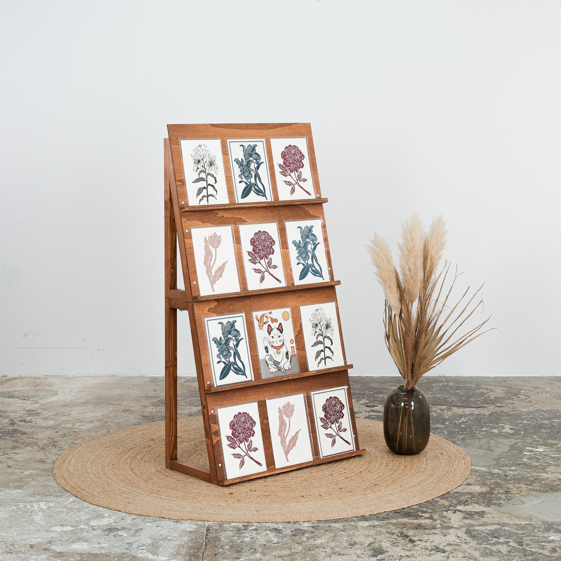 Dual magazine display in coffee finish used as one wide stand