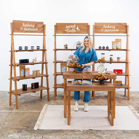Wooden display table and shelving unit set for vendor booth setup