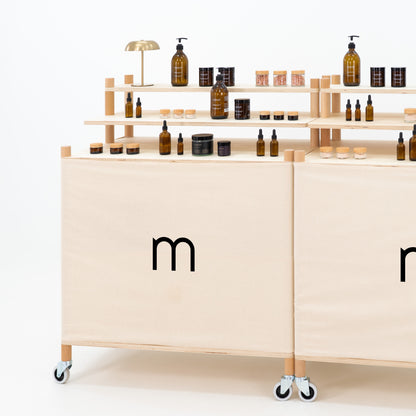 Checkout display counter with cotton fabric suitable for full-surface branding
