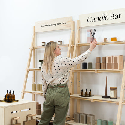 Wooden retail shelving units for product presentation

