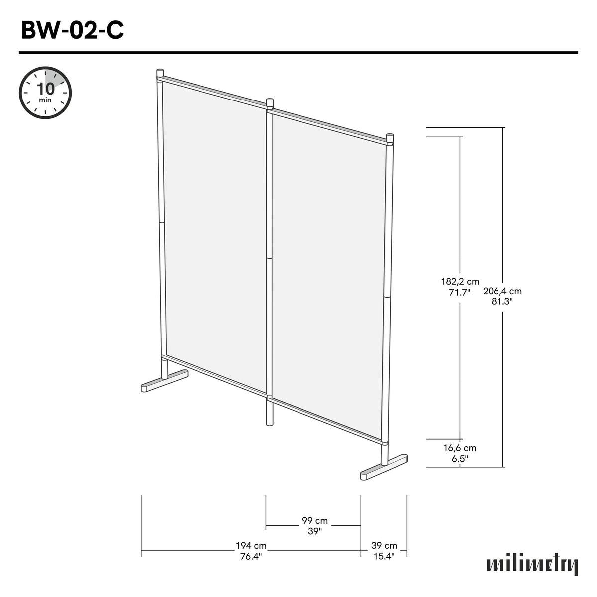 Dimensions techniques du mur d'affichage double toile
