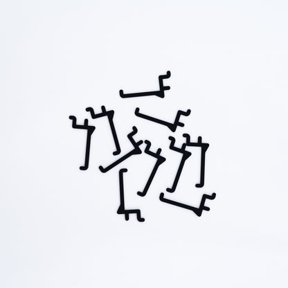 Set of 10 long hooks in black for pegboards, ideal for displaying items such as clothing, accessories, and bags.