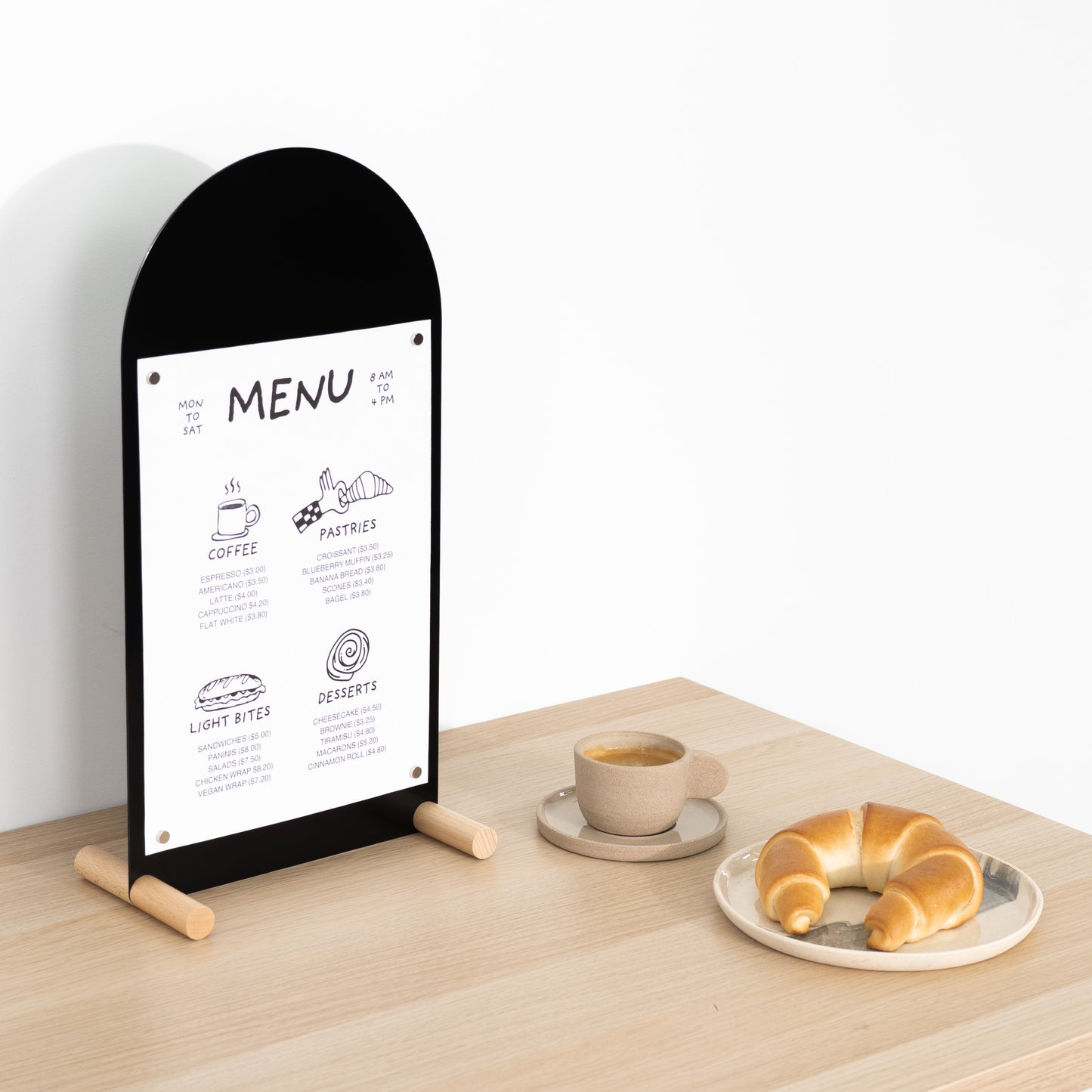 Minimalist vertical sign with writable black surface and cylindrical wood feet
