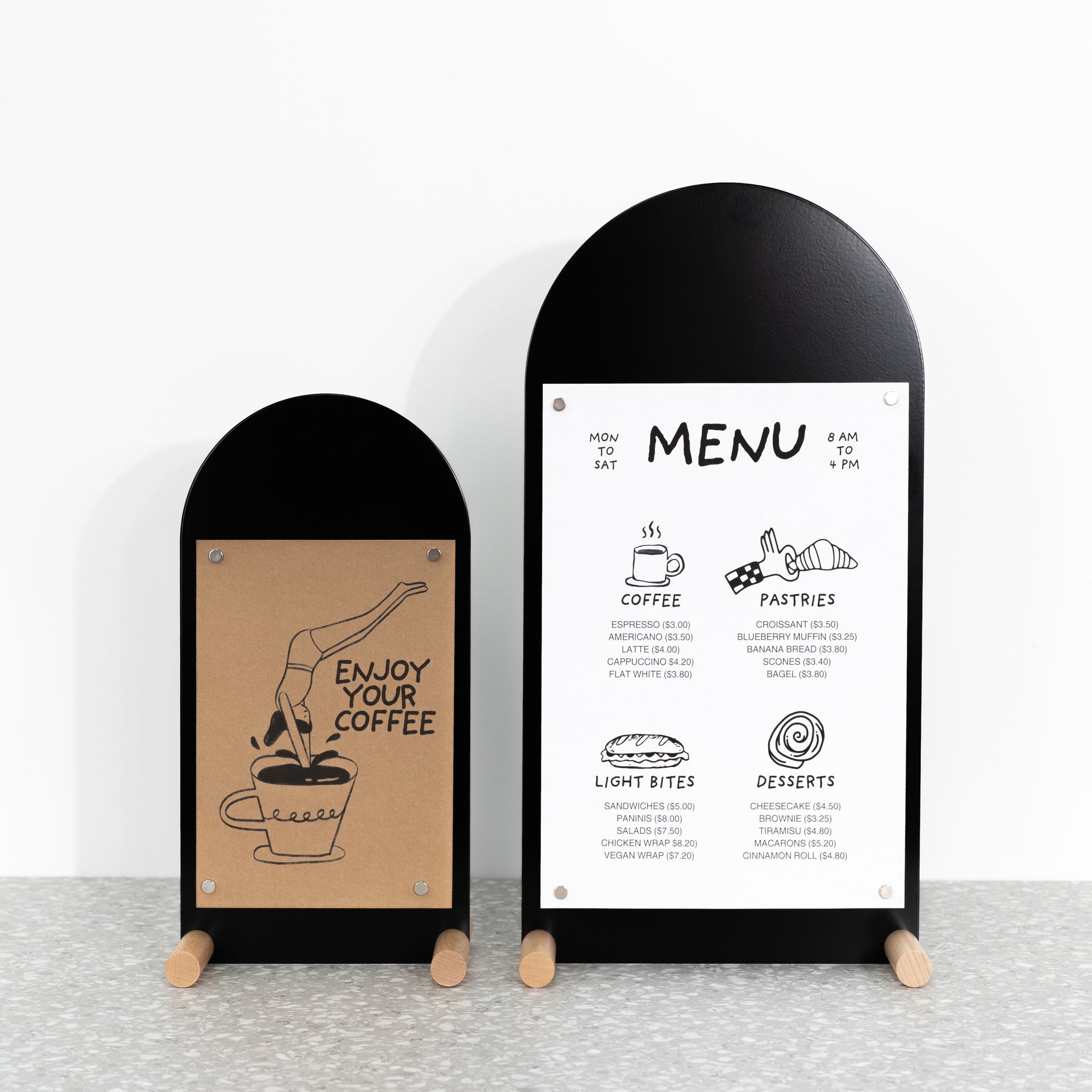 SAP-04-V-BL magnetic sign standing on café counter with chalk writing