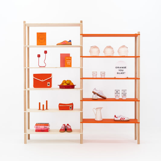 double wooden display shelf with custom color shelves