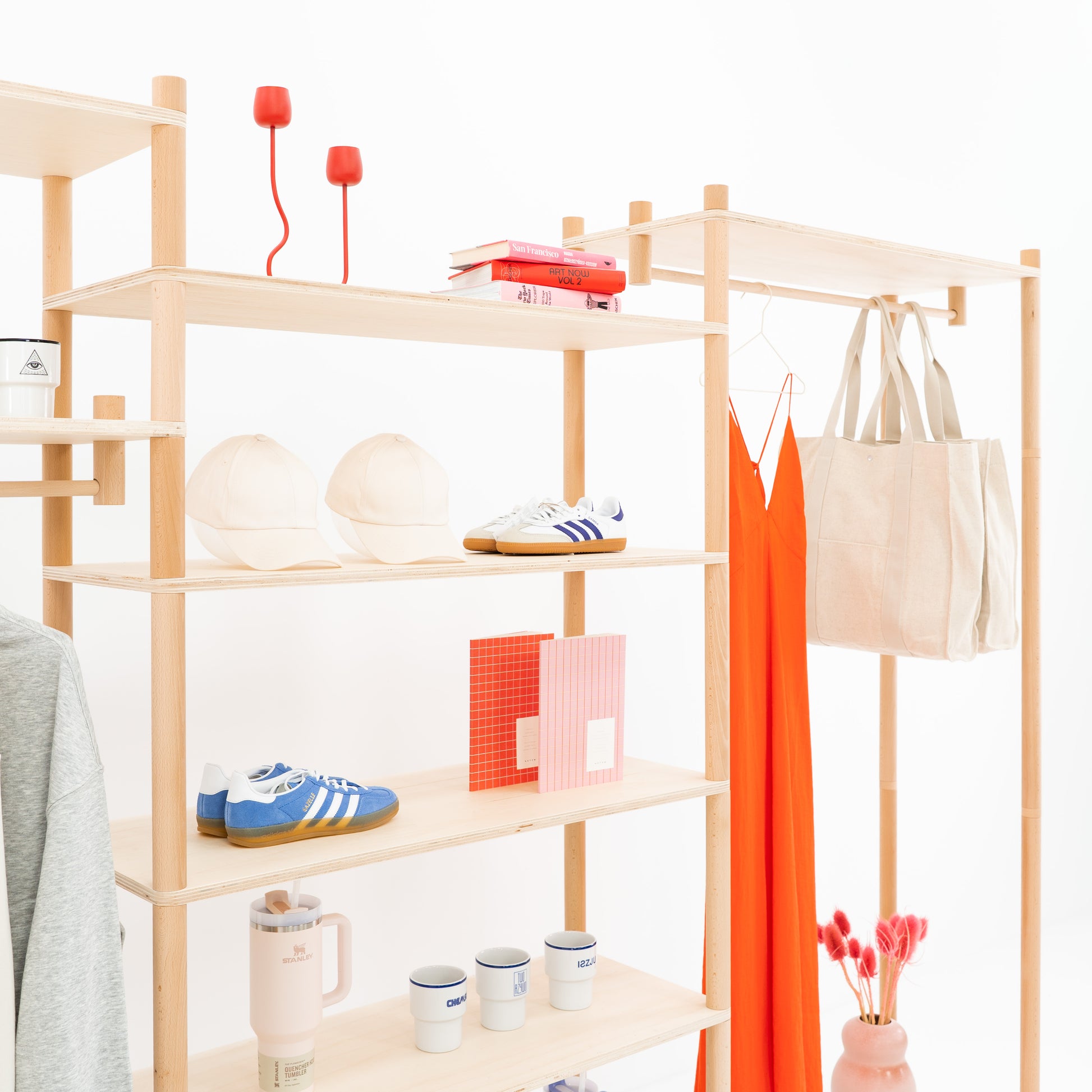 side view of modular triple shelving for stores