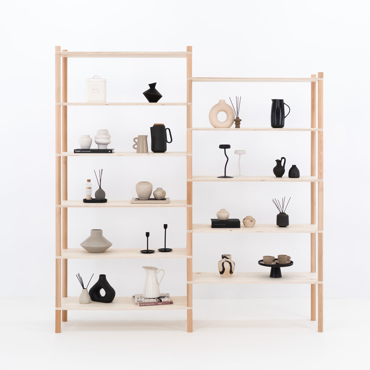 Double retail shelving unit in natural wood finish