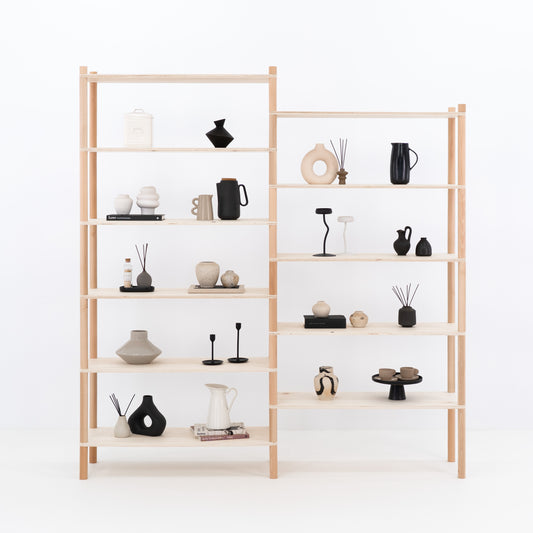 Double retail shelving unit in natural wood finish