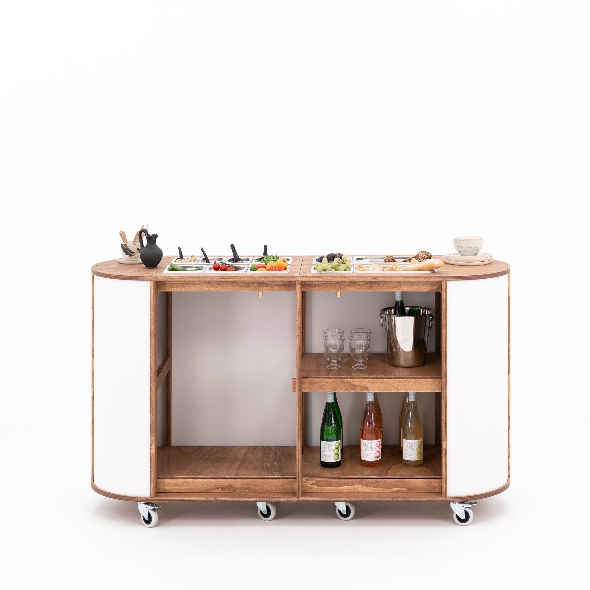 Event-ready snack cart with wooden base and white panels
