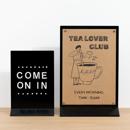 Modern black countertop display board for menus, offers, and product information