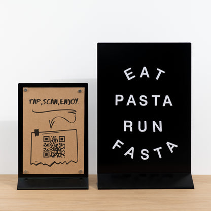 Portable black rectangular sign for trade shows and pop-up shops