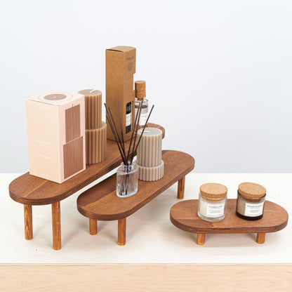 Foldable coffee wooden risers in three heights for elegant displays

