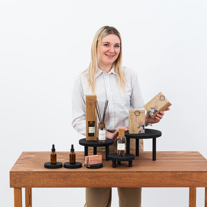 foldable black plywood risers for artisan market product setups

