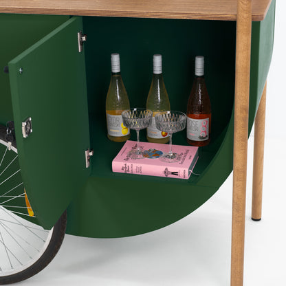 Close-up of lockable storage compartment inside mobile event cart