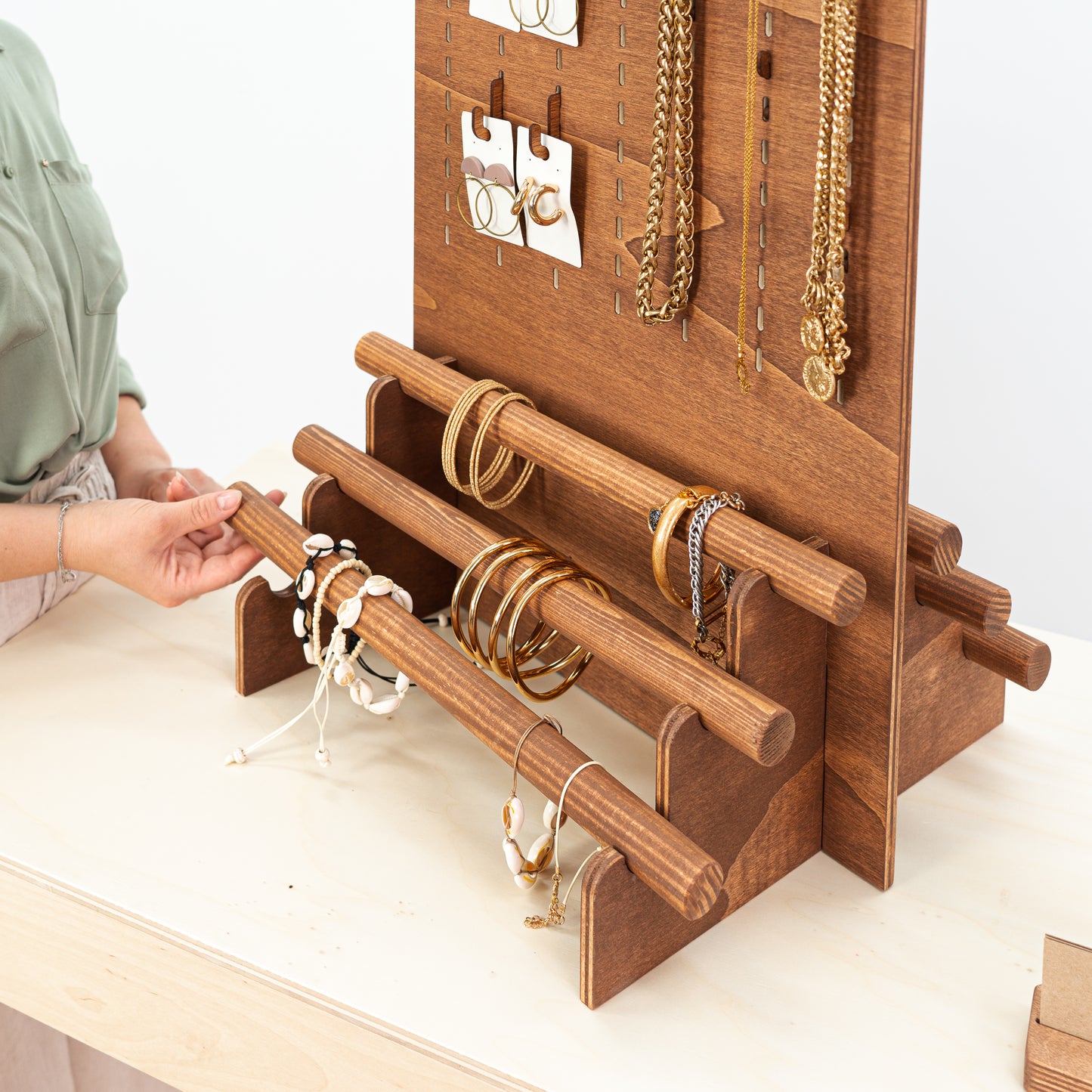 SAMPLE SALE | Space-saving wooden pegboard VAP-04-B-CF No. 33 with hooks | display stands for jewelry, hair accessories and beauty products