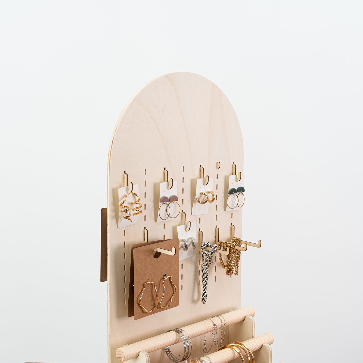 Space-saving wooden pegboard VAP-04-NT with hooks | display stands for jewelry, hair accessories and beauty products