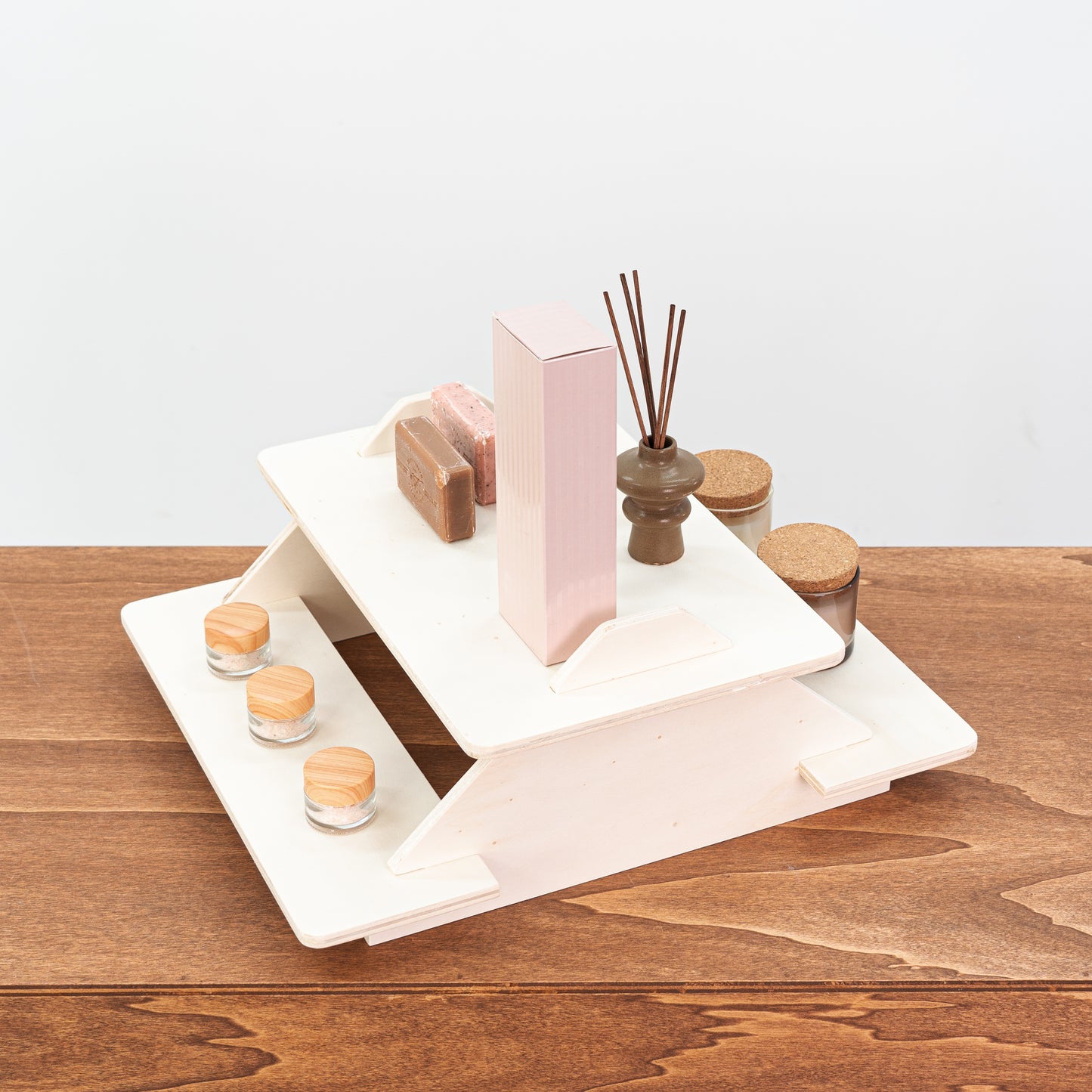 SAMPLE SALE | 2-tired double-sided tabletop plywood display stand VAR-12-B-NT No. 17