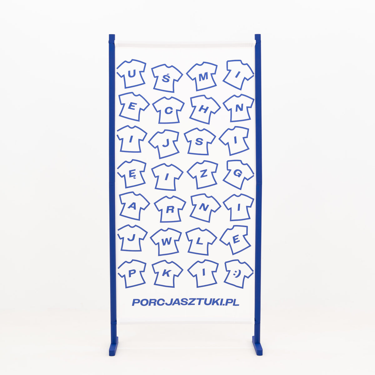 Custom printed single fabric display wall with blue wooden frame