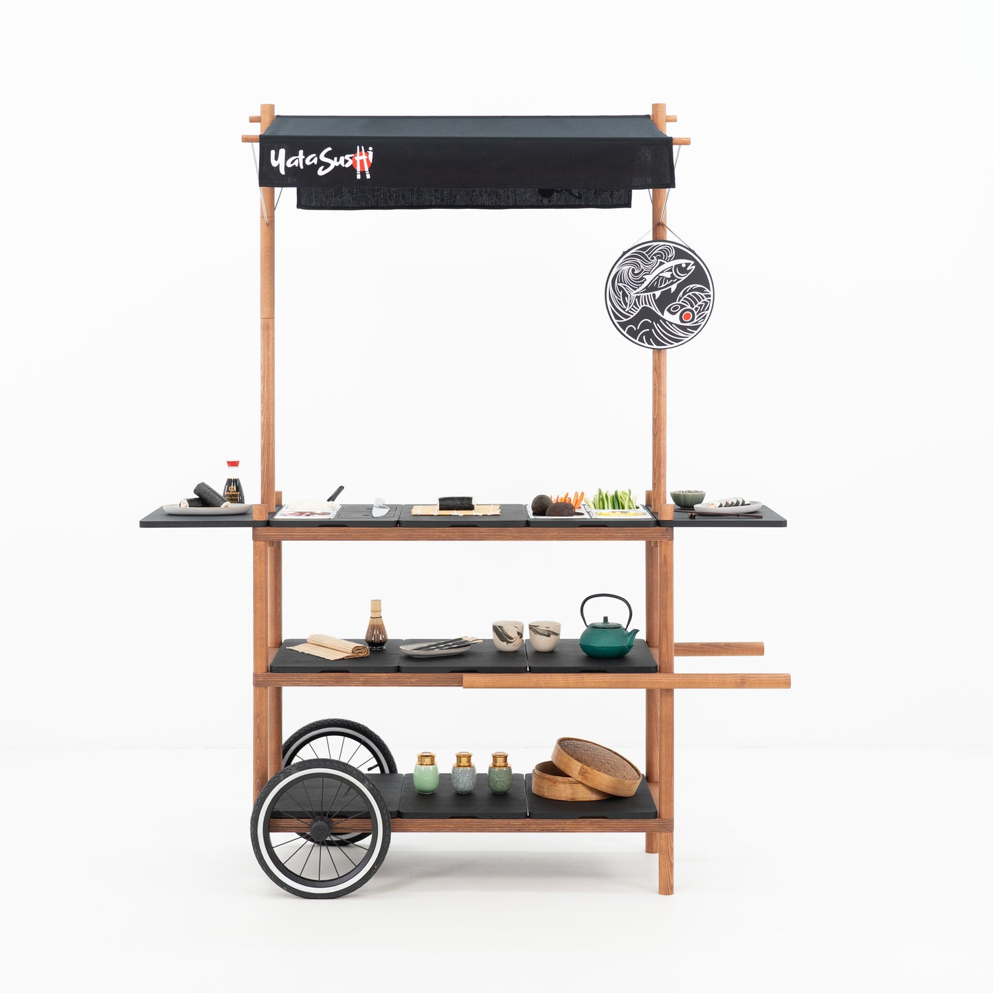 Front view of the customizable market stall cart with canopy BC-09-W-ML for brand activations