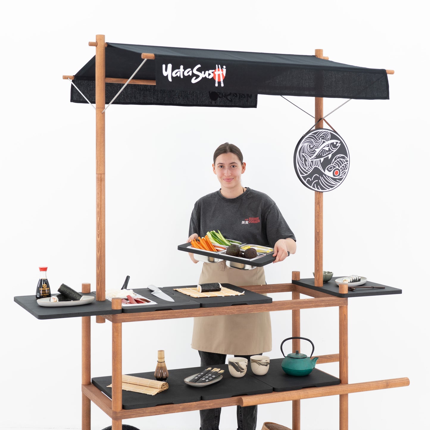 Branded sushi station on the BC-09-W-ML market stall cart with a person serving fresh ingredients