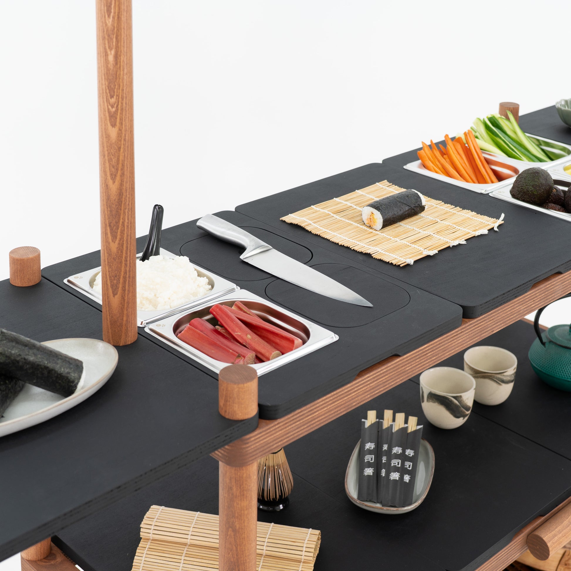 Three-section countertop of the BC-09-W-ML cart with GN 1/6 inserts, sushi mat and prep tools