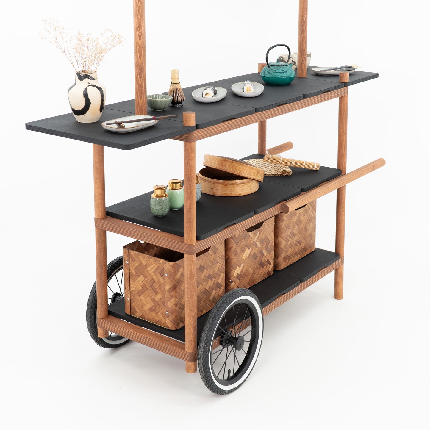 Rear view of the BC-09-W-ML cart showing the lower shelves, woven baskets and large spoked wheels