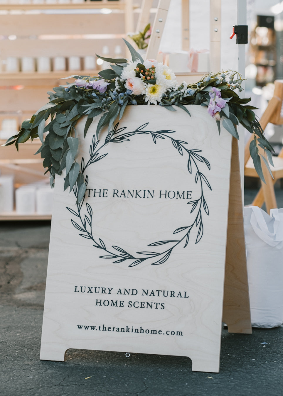 Wooden sandwich board by Milimetry for The Rankin Home Luxury and Natural Home Scents