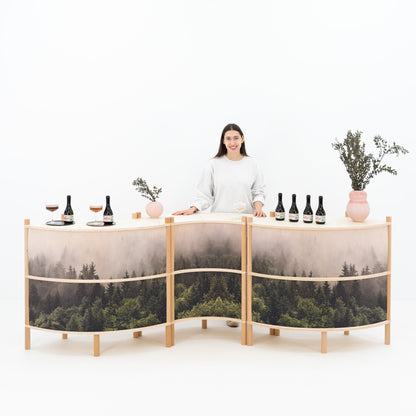 three-piece wave-shaped bambuk checkout counter set – front view

