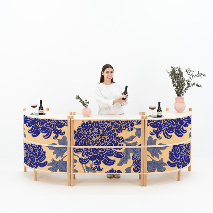 Modular exhibition counter half-oval layout for fairs and events