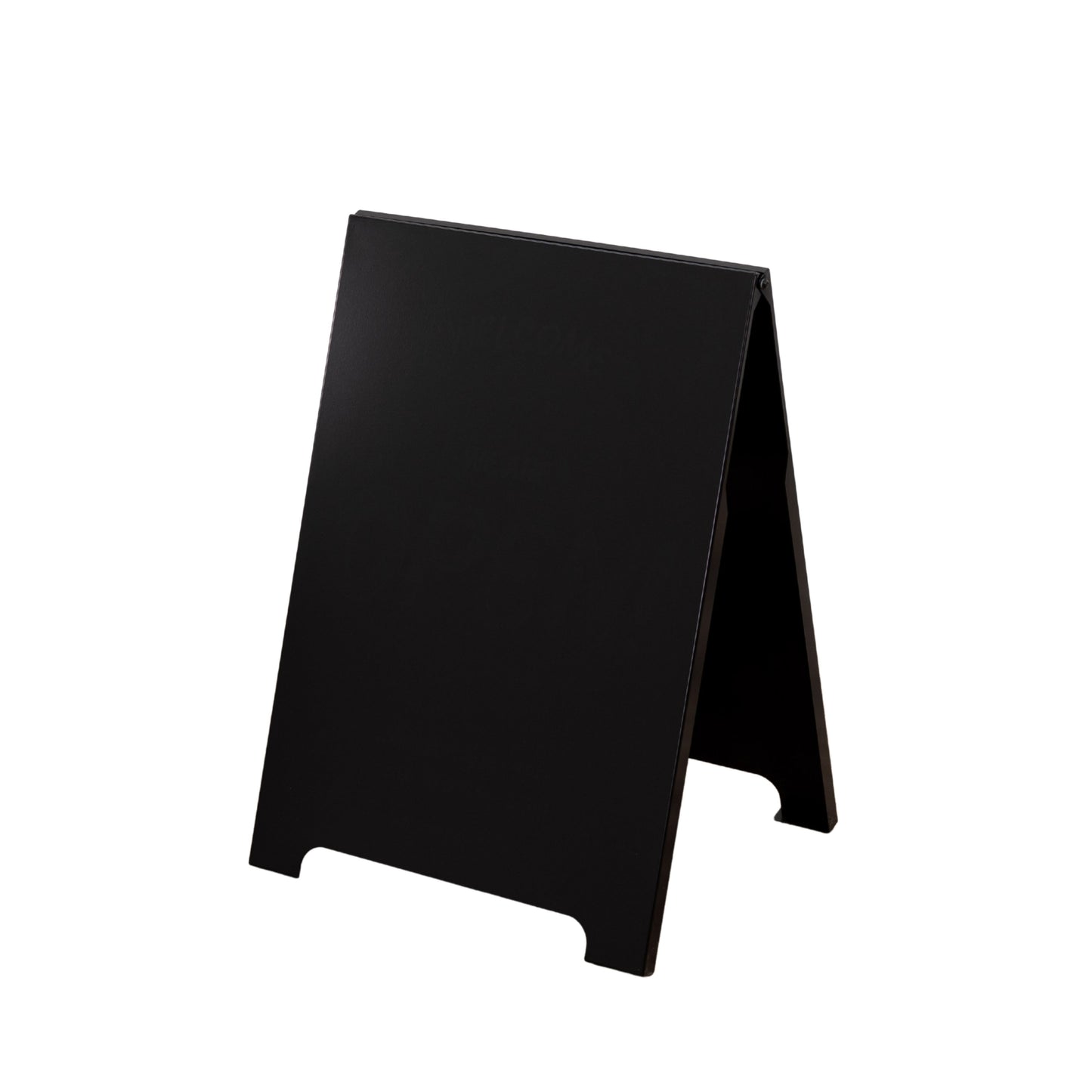 Black A-frame sign on a white background