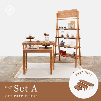 Free wooden product risers included in booth set