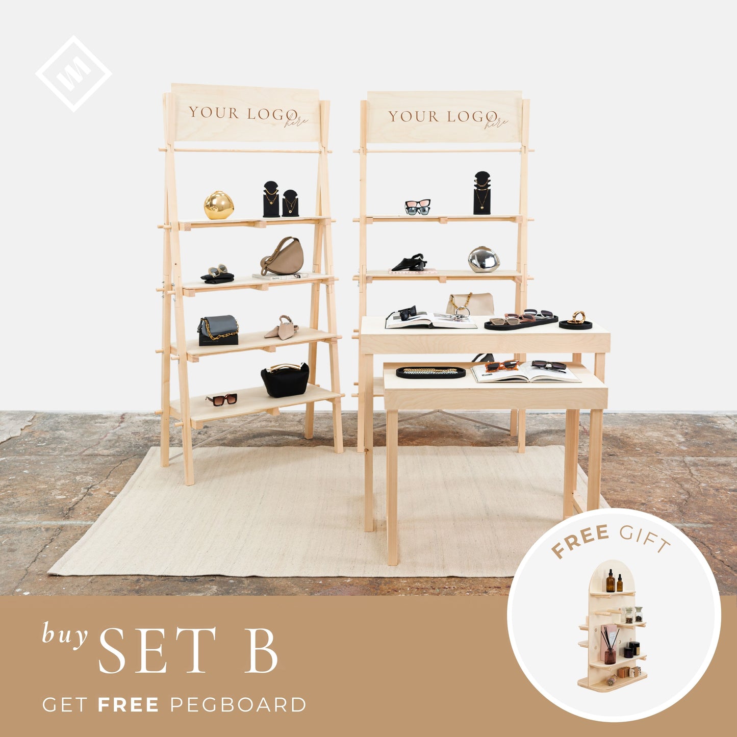 SET Amsterdam: Vendor pop up set with 2 tables VC-15-NT and 1 or 2 shelving units VS-03-NT