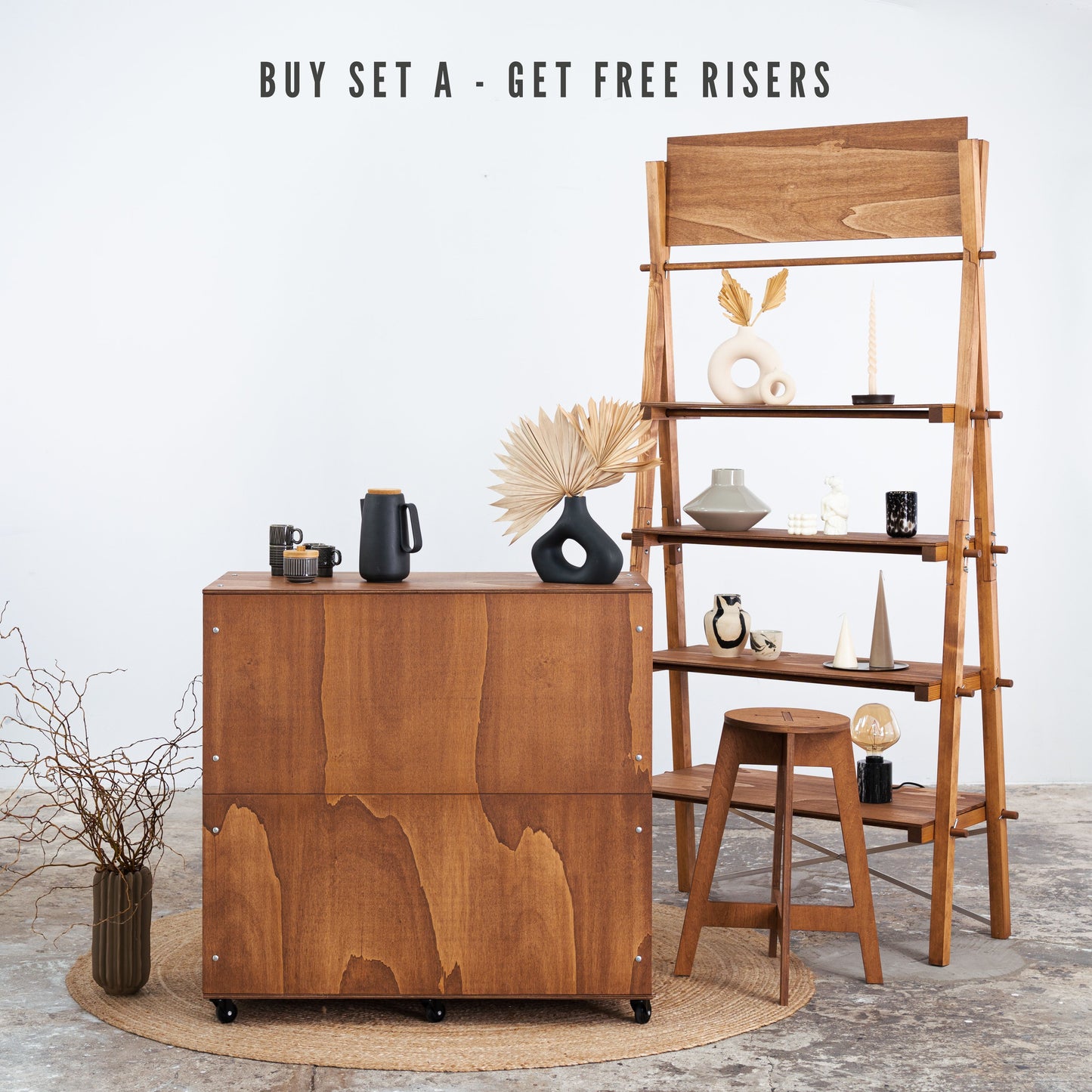SET Glasgow CF: Checkout stand VC-08-W-CF, shelving VS-03-CF and bar stool in coffee color