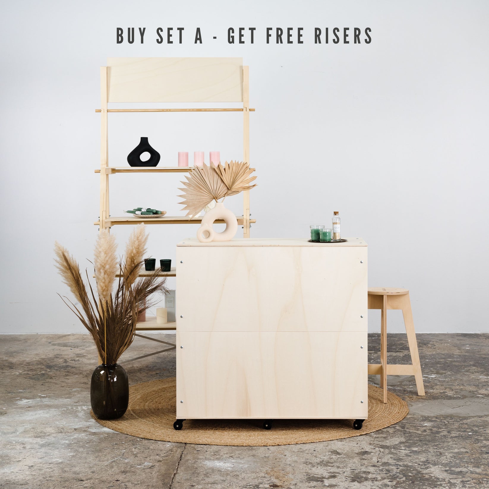 Set Glasgow Checkout stand VC08WNT, shelving VS03NT and bar stoo