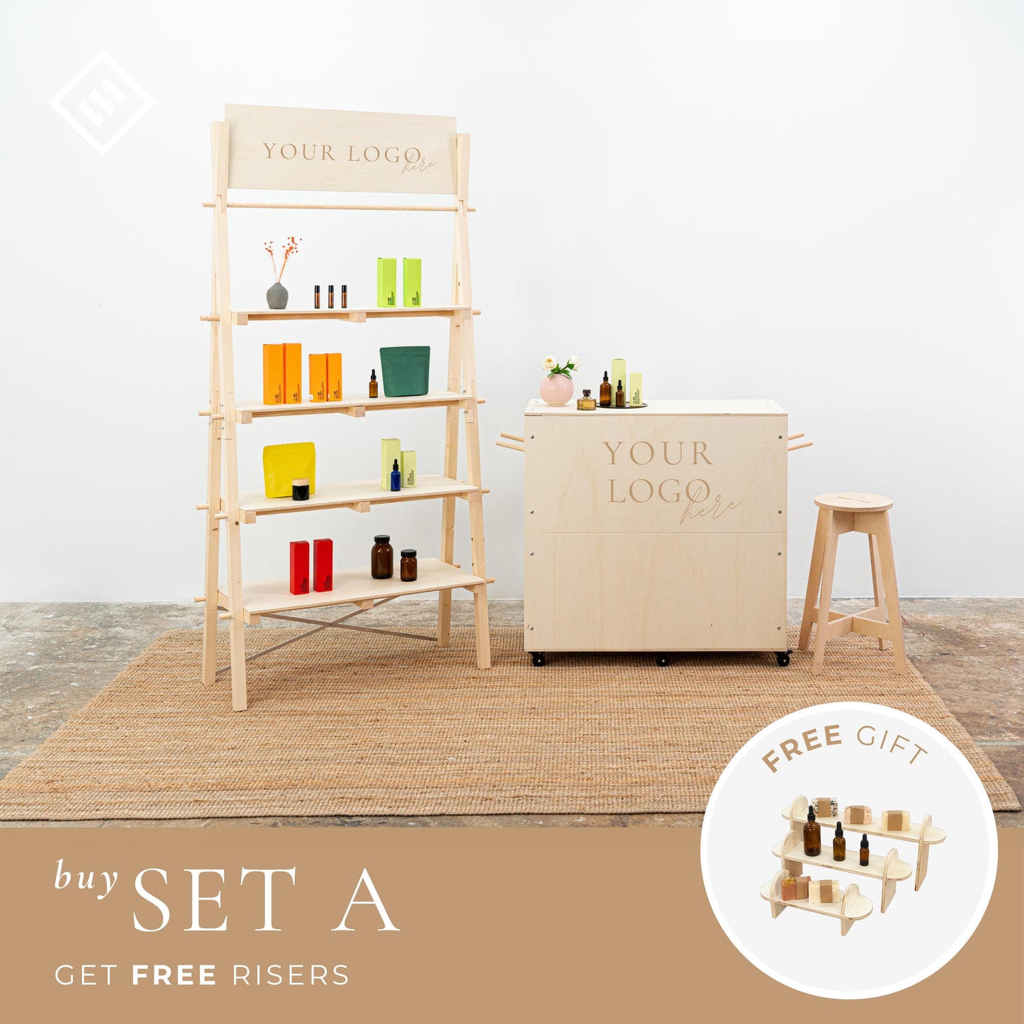 Set Glasgow: Checkout stand VC-08-W-NT, shelving VS-03-NT and bar stool