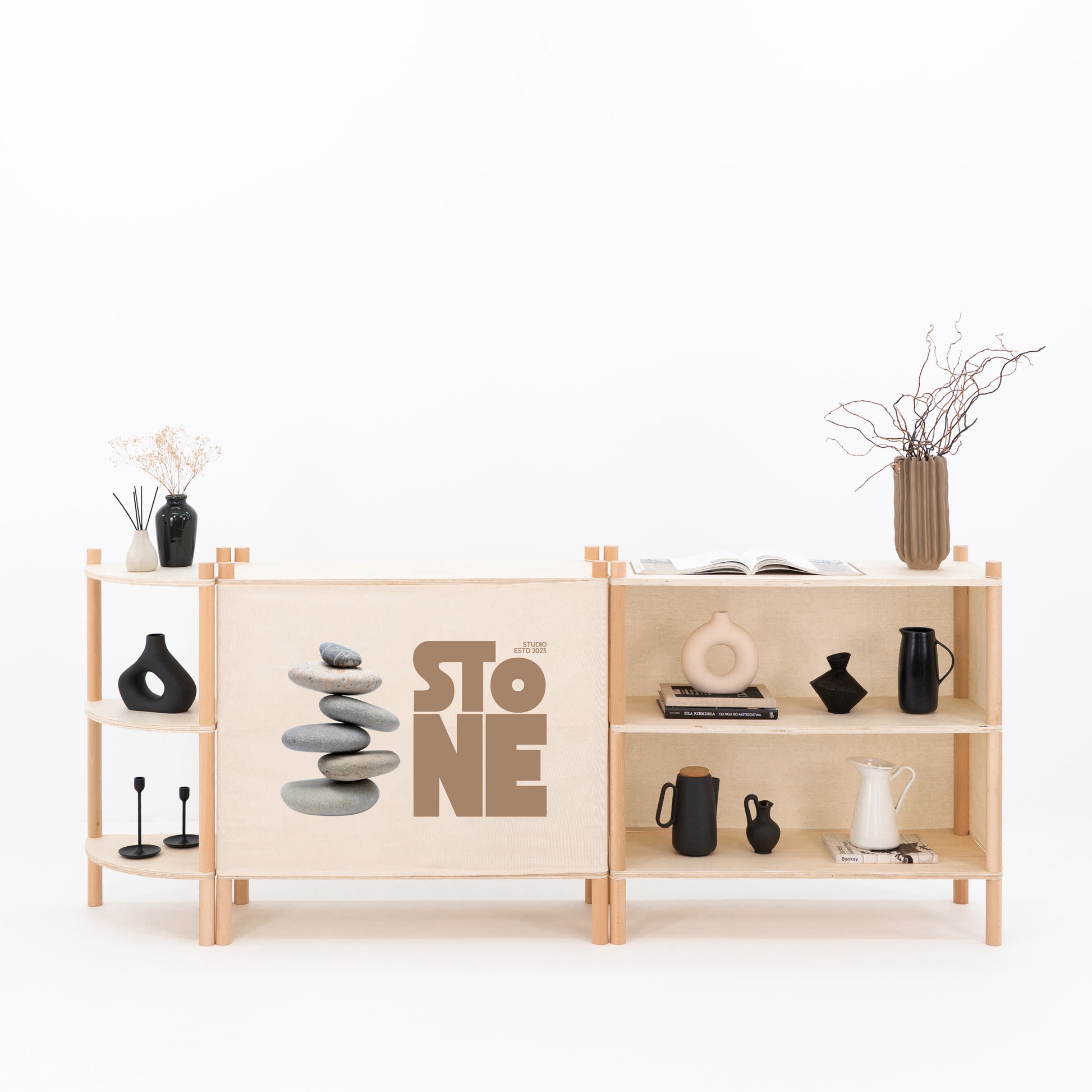 Branded trade show booth with wooden modular furniture