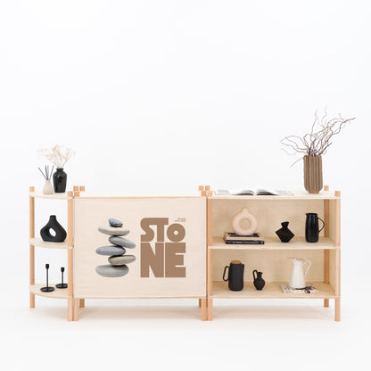 Branded trade show booth with wooden modular furniture